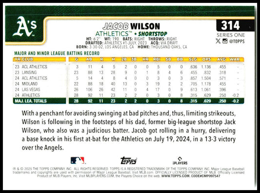 2025 Topps #314 Jacob Wilson RC Athletics