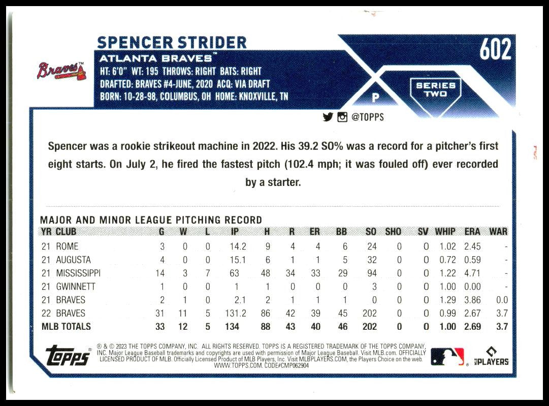 2023 Topps #602 Spencer Strider Atlanta Braves