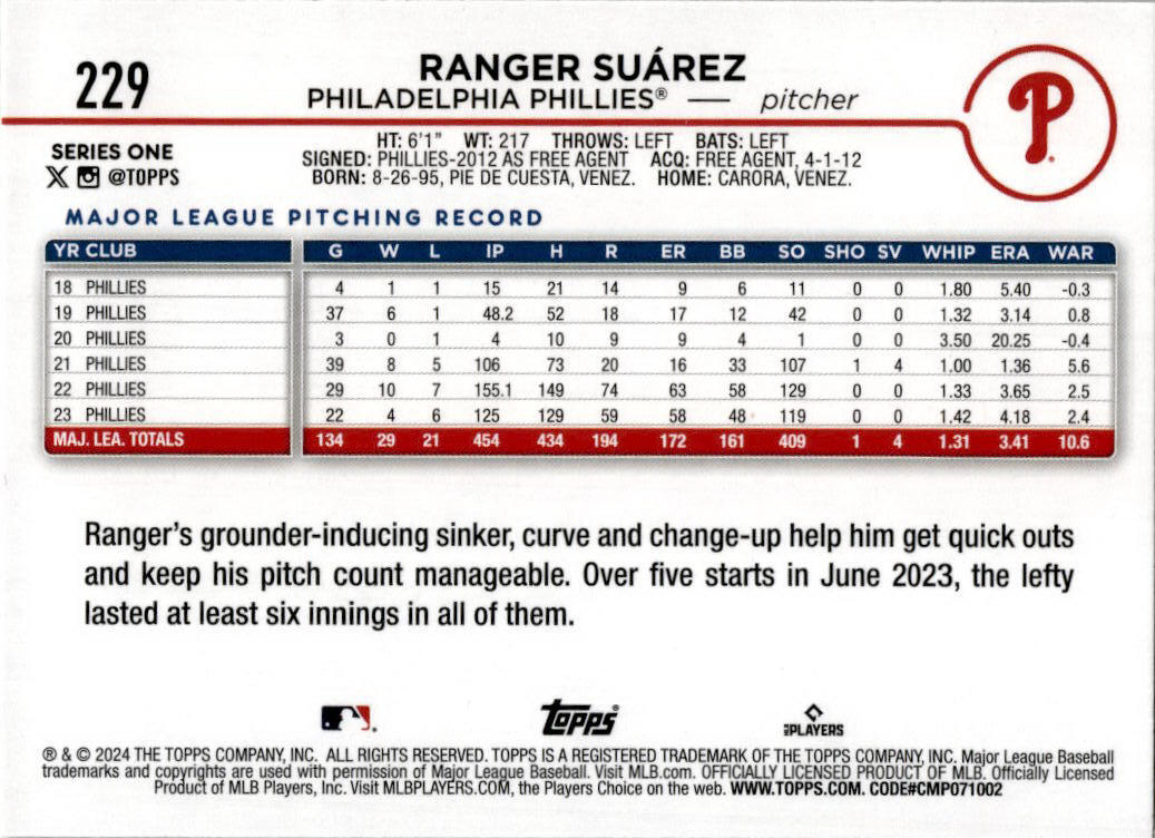 2024 Topps Gold Foil #229 Ranger Suárez Philadelphia Phillies
