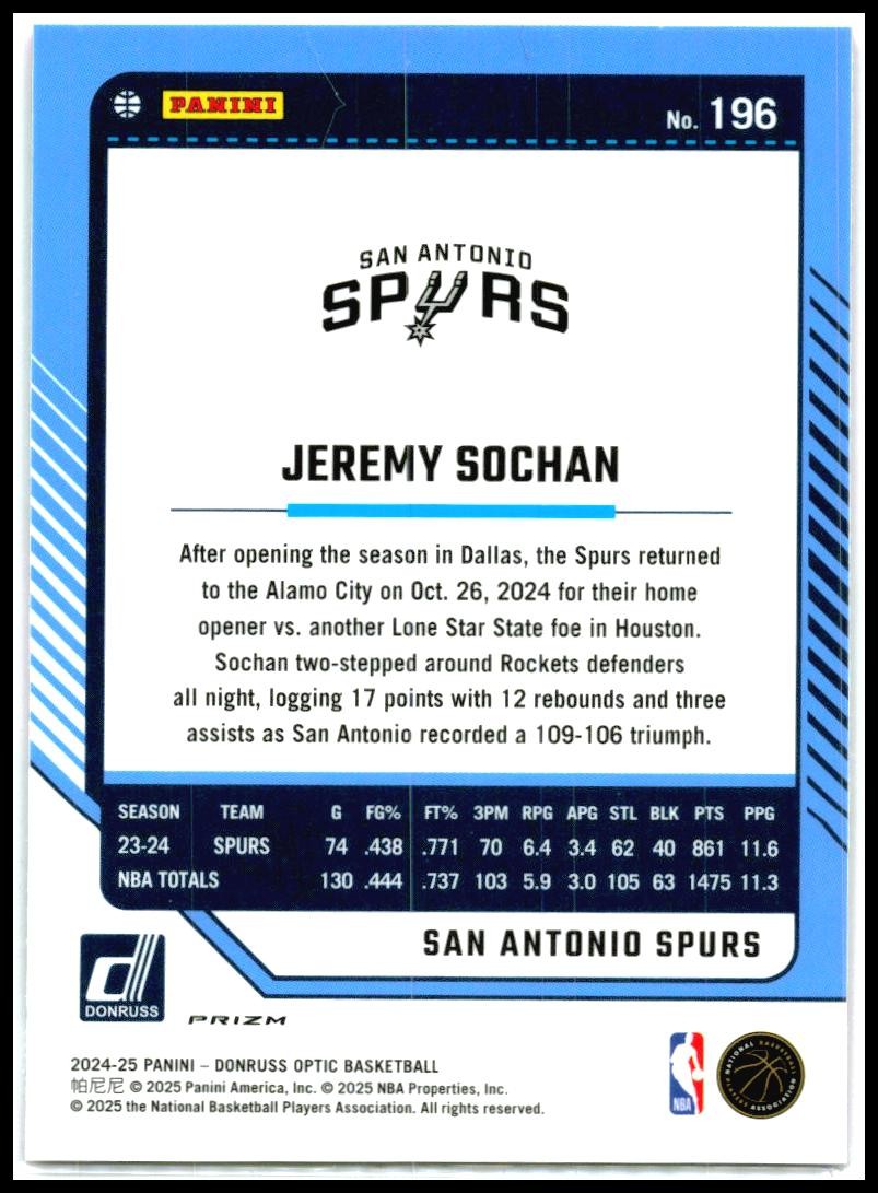 2024-25 Donruss Optic Hyper Pink #196 Jeremy Sochan San Antonio Spurs