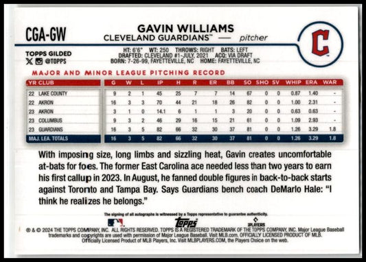 2024 Topps Gilded Collection #105 Gavin Williams Rookie #/99 Cleveland Guardians