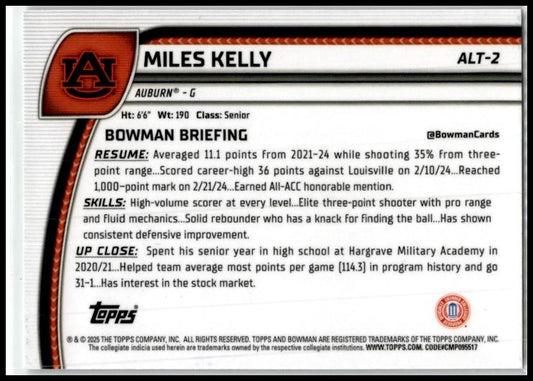 2024-25 Bowman University Chrome #ALT-2 Miles Kelly Auburn Tigers