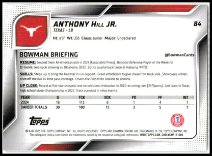 2025 Bowman Chrome University Fuchsia Refractor /225 #84 Anthony Hill JR Texas