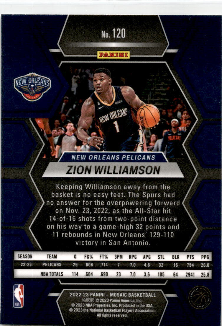 2022-23 Panini Mosaic #120 Zion Williamson New Orleans Pelicans