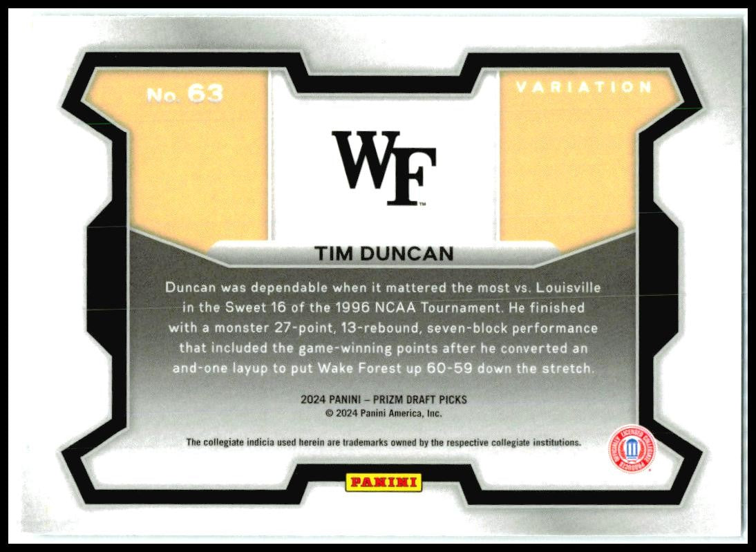 2024 Panini Prizm Draft Picks Variation #63 Tim Duncan Wake Forest Demon Deacons
