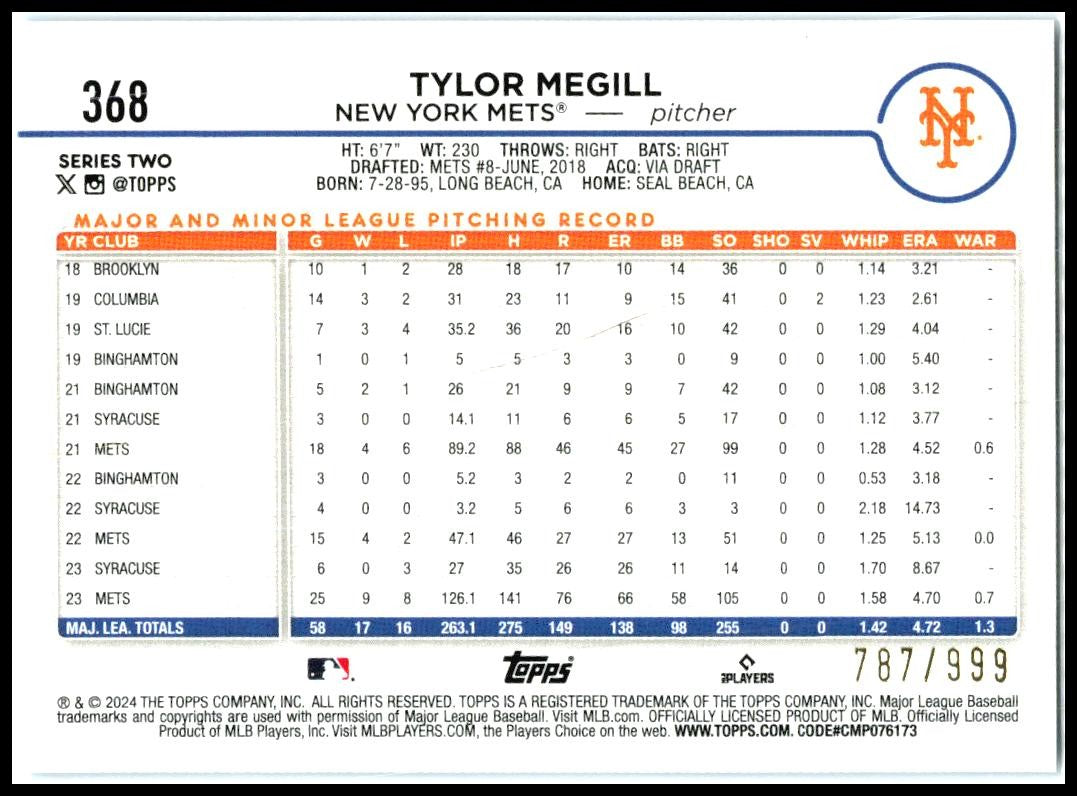 2024 Topps Blue Holofoil #368 Tylor Megill #/999 New York Mets
