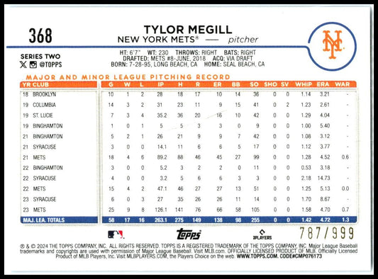 2024 Topps Blue Holofoil #368 Tylor Megill #/999 New York Mets