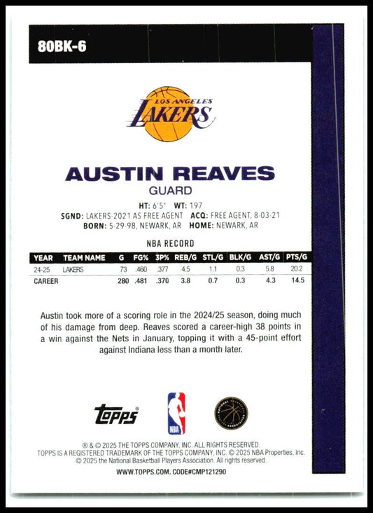 2025-26 Topps 1980-81 Topps Basketball #80BK-6 Austin Reaves Los Angeles Lakers