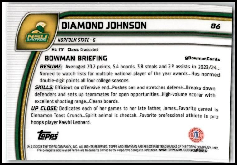 2024-25 Bowman University Chrome Black Wave #86 Diamond Johnson Spartans