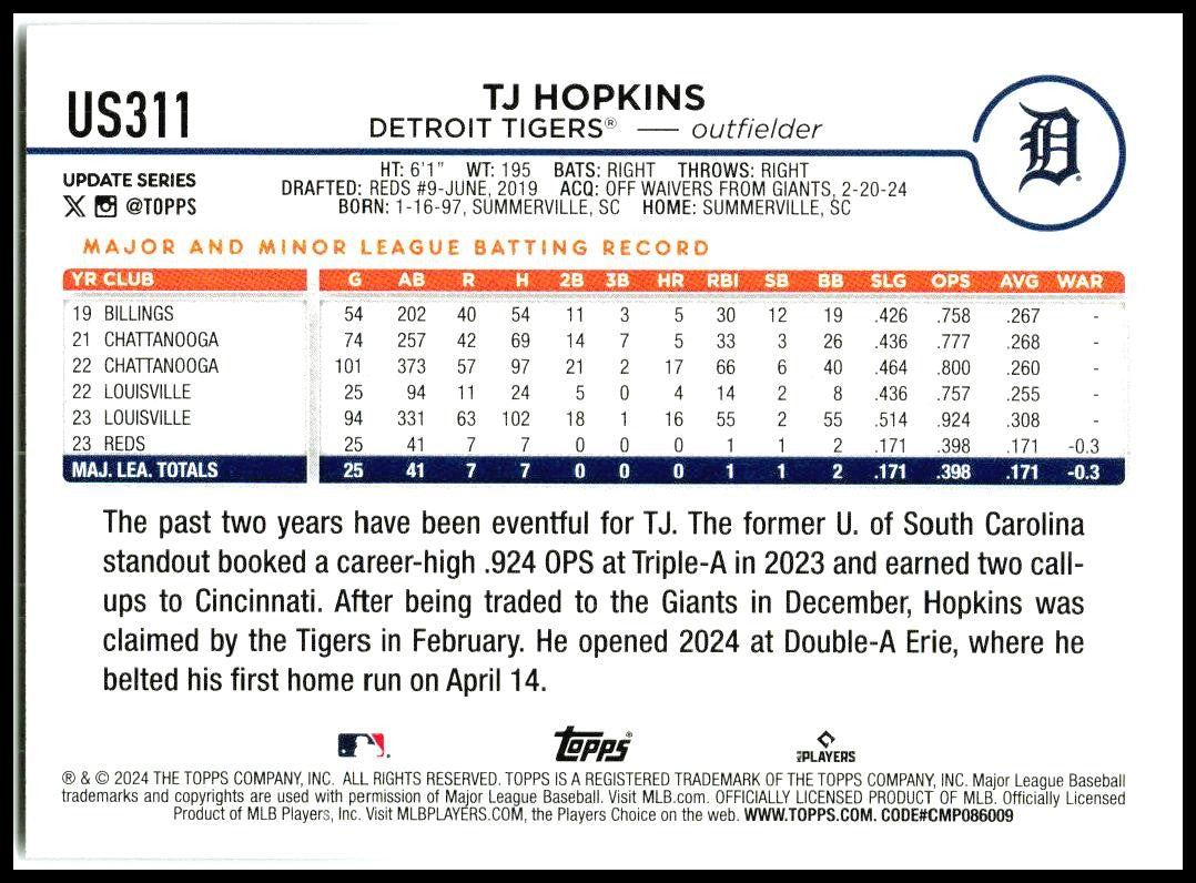2024 Topps Update #US311 TJ Hopkins Rookie Detroit Tigers
