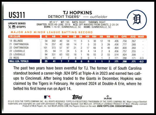 2024 Topps Update #US311 TJ Hopkins Rookie Detroit Tigers