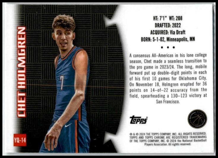 2023-24 Topps Chrome Youthquake #YQ-14 Chet Holmgren Oklahoma City Thunder