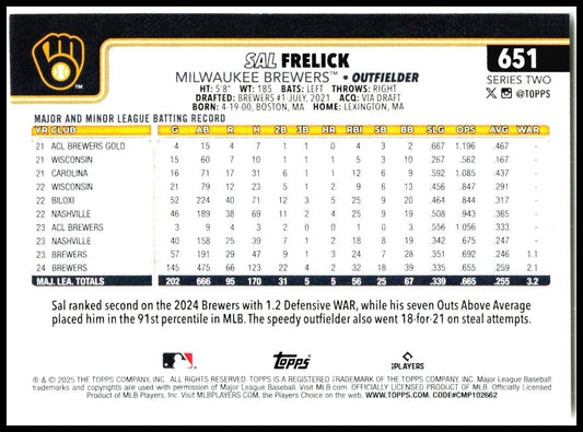 2025 Topps #651 Sal Frelick Milwaukee Brewers