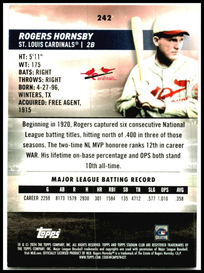 2024 Stadium Club #242 Rogers Hornsby St. Louis Cardinals