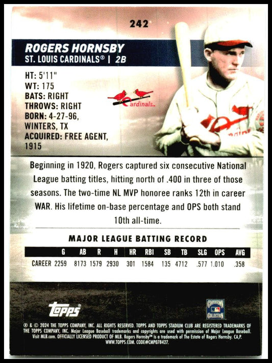 2024 Stadium Club #242 Rogers Hornsby St. Louis Cardinals