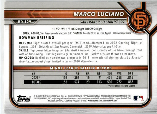 2022 Bowman Draft Gold #BD-129 Marco Luciano /50 San Francisco Giants