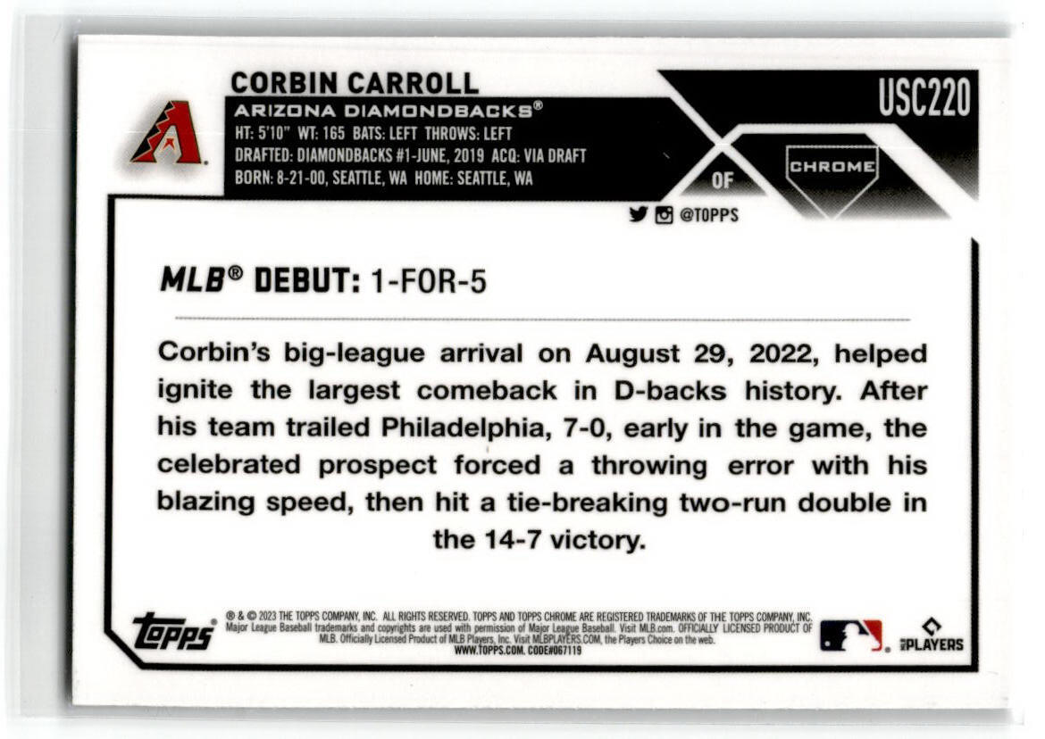 2023 Topps Chrome Update #USC220 Corbin Carroll Arizona Diamondbacks