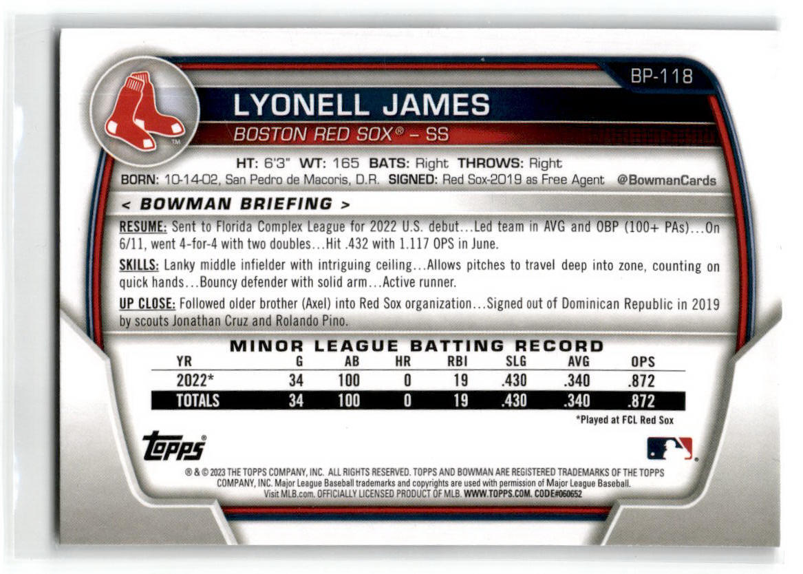 2023 Bowman #BP-118 Lyonell James Boston Red Sox