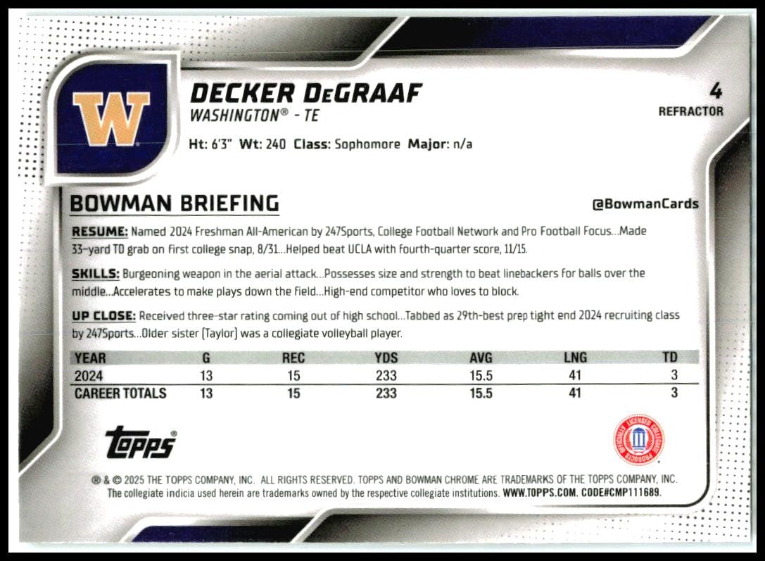2025 Bowman University Chrome Refractor #4 Decker DeGraaf Washington Huskies