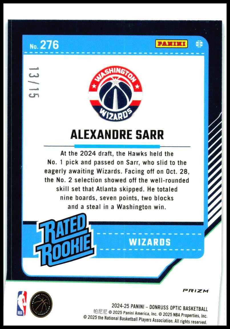 2024-25 Donruss Optic White Scope Prizm /15 #276 Alexandre Sarr Rookie Wizards