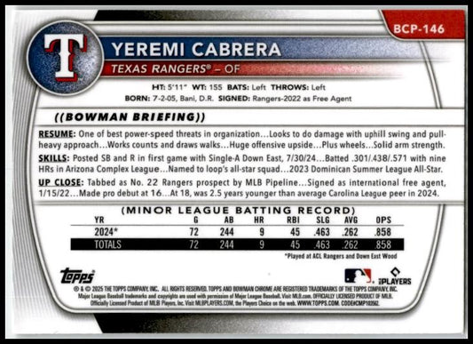 2025 Bowman Mojo Refractor #BP-146 Yeremi Cabrera Texas Rangers