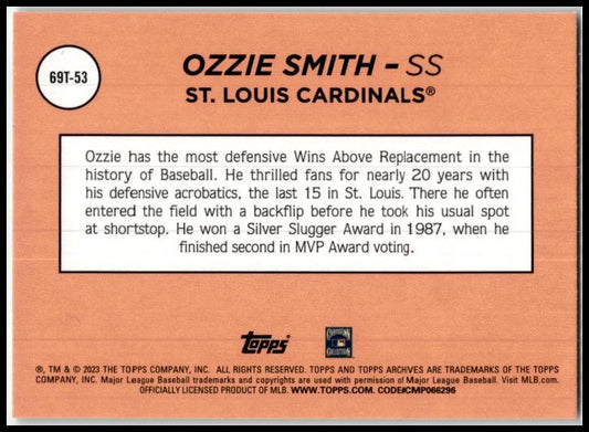 2023 Topps Archives 1969 Topps Single Player Foil #69T-53 Ozzie Smith Cardinals