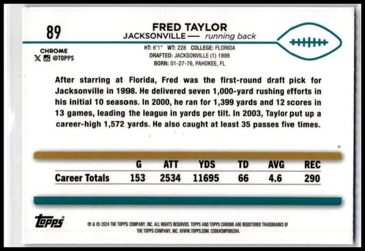 2024 Topps Chrome Purple Refractor #89 Fred Taylor #/275 Jacksonville Jaguars