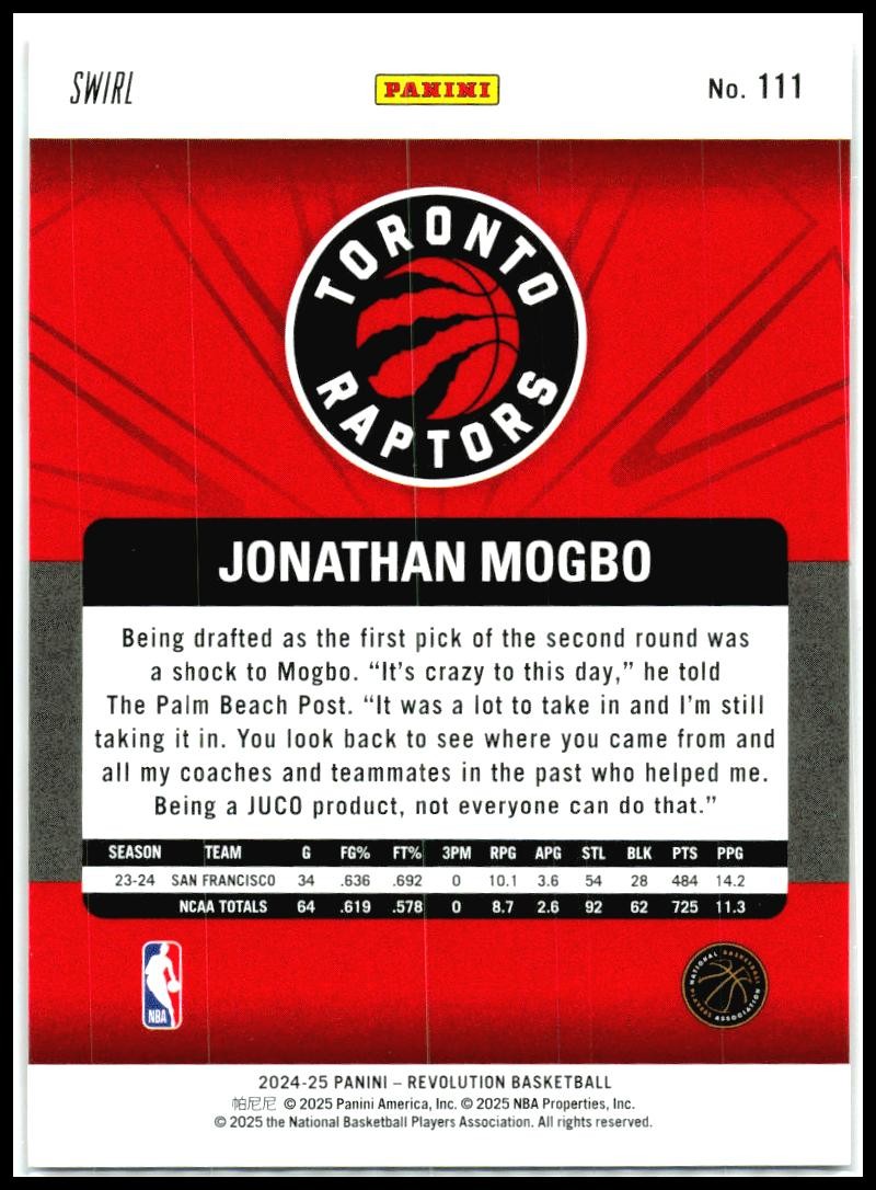 2024-25 Panini Revolution Red Swirl #111 Jonathan Mogbo Rookie Toronto Raptors
