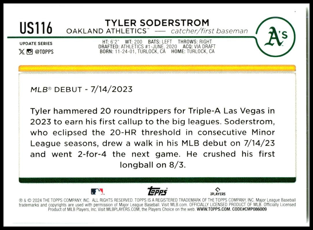 2024 Topps Update #US116 Tyler Soderstrom Oakland Athletics