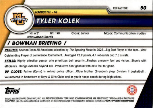 2023-24 Bowman University Chrome #50 Tyler Kolek Marquette Golden Eagles
