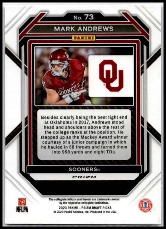 2023 Panini Prizm Draft Picks Prizms Gold Ice #73 Mark Andrews Oklahoma Sooners
