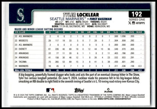2025 Topps Spring Training #192 Tyler Locklear Seattle Mariners