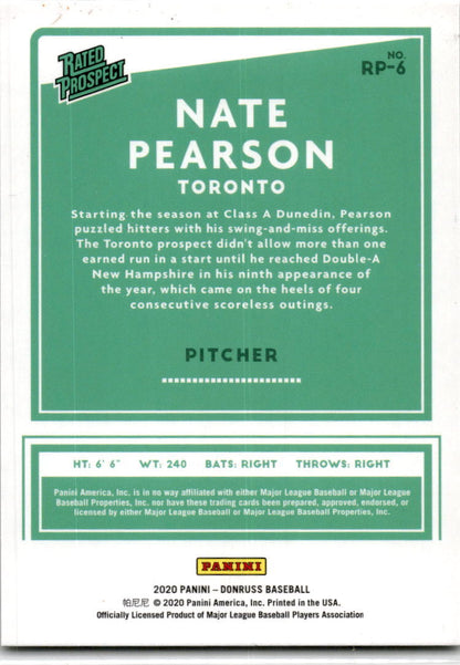 2020 Donruss Rated Prospects #RP-6 Nate Pearson #/999 Toronto Blue Jays