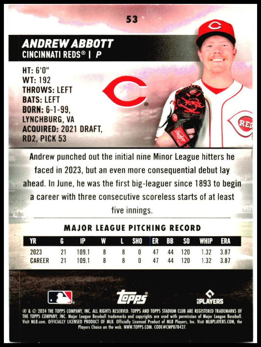 2024 Stadium Club #53 Andrew Abbott Rookie Cincinnati Reds