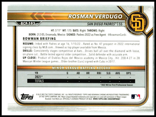 2022 Bowman Chrome Prospects #BCP-193 Rosman Verdugo San Diego Padres