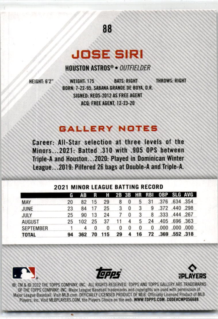 2022 Topps Gallery #88 Jose Siri Rookie Houston Astros
