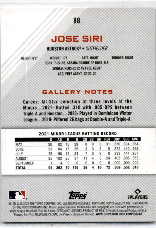 2022 Topps Gallery #88 Jose Siri Rookie Houston Astros