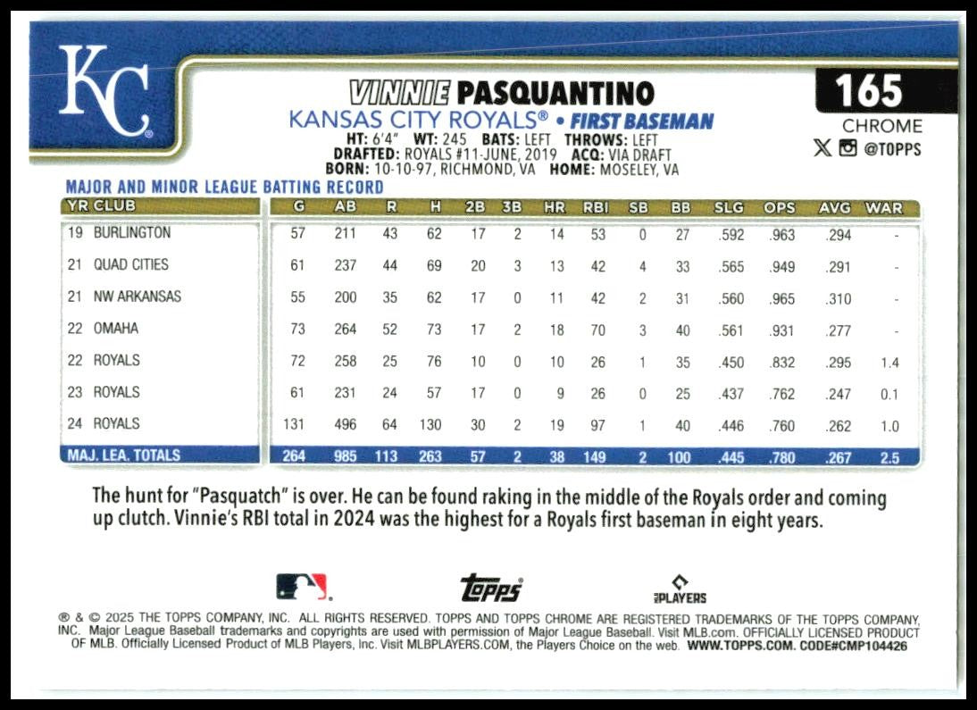 2025 Topps Chrome Logofractor #165 Vinnie Pasquantino Kansas City Royals