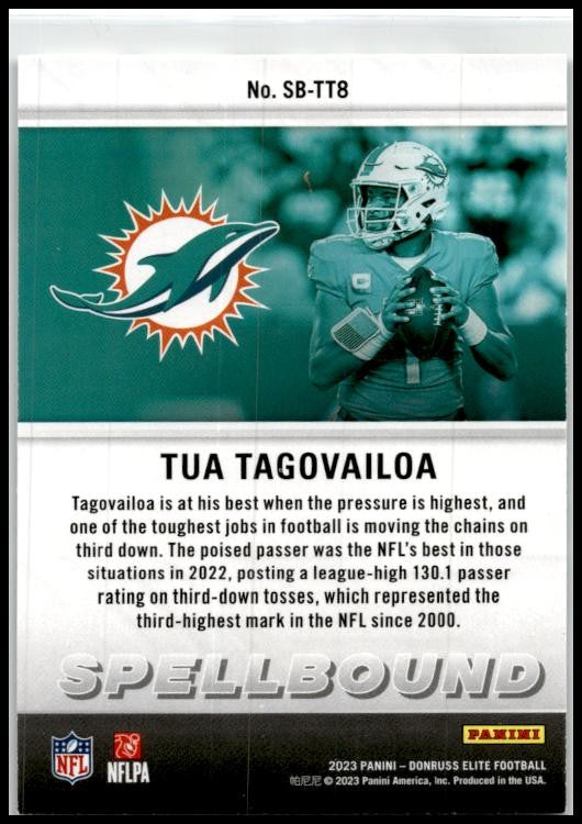2023 Donruss Elite Spellbound Green #SB-TT8 Tua Tagovailoa Miami Dolphins