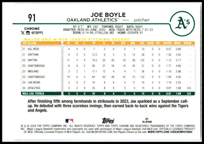 2024 Topps Chrome #91 Joe Boyle Rookie Oakland Athletics