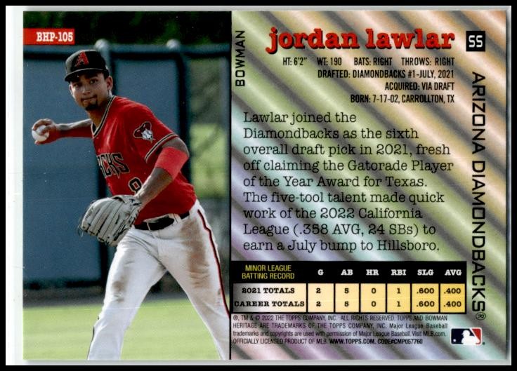 2022 Bowman Heritage Image Swap #BHP-105 Jordan Lawlar Diamondbacks