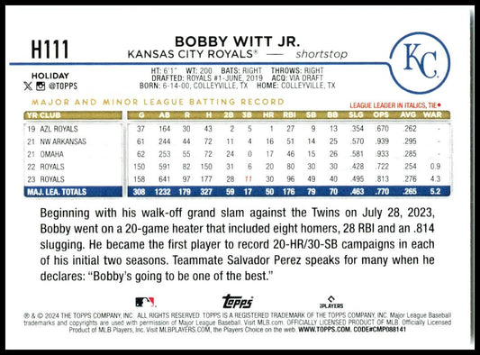 2024 Topps Holiday #H111 Bobby Witt Jr. Kansas City Royals