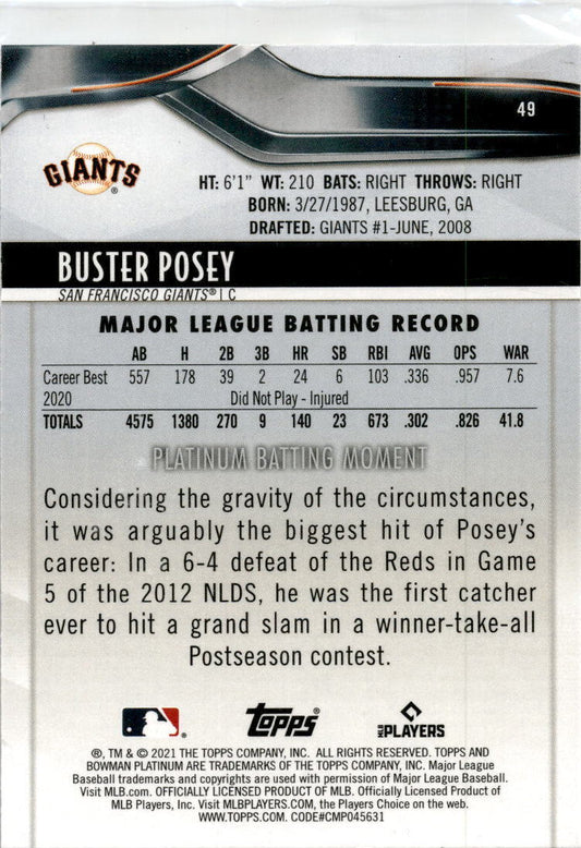 2021 Bowman Platinum #49 Buster Posey San Francisco Giants