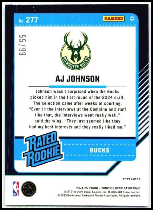 2024-25 Donruss Optic Copper Glitter #277 AJ Johnson Rookie #/99 Milwaukee Bucks