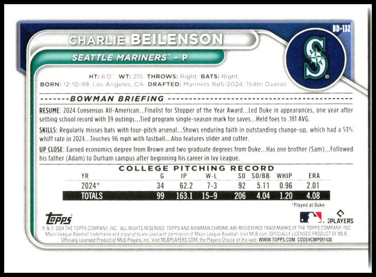 2024 Bowman Draft #BD-132 Charlie Beilenson Seattle Mariners