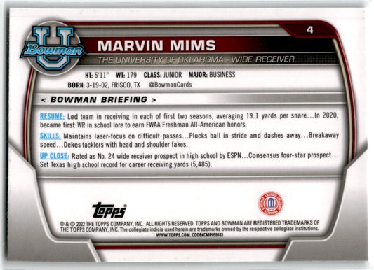 2022 Bowman University Chrome Marvin Mims Oklahoma Sooners #4