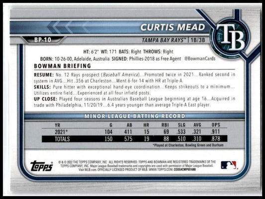 2022 Bowman #BP-10 Curtis Mead Tampa Bay Rays