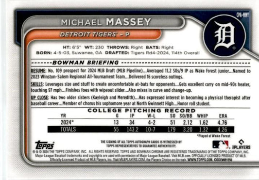2024 Bowman Draft Chrome Auto #CPA-MMY Michael Massey Detroit Tigers