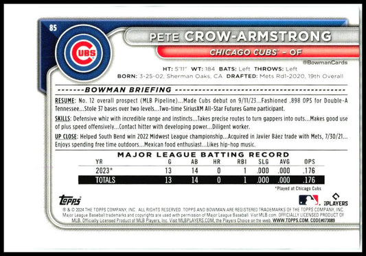 2024 Bowman #85 Pete Crow-Armstrong Rookie Chicago Cubs