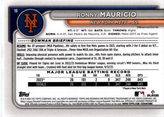 2024 Bowman #13 Ronny Mauricio Rookie New York Mets